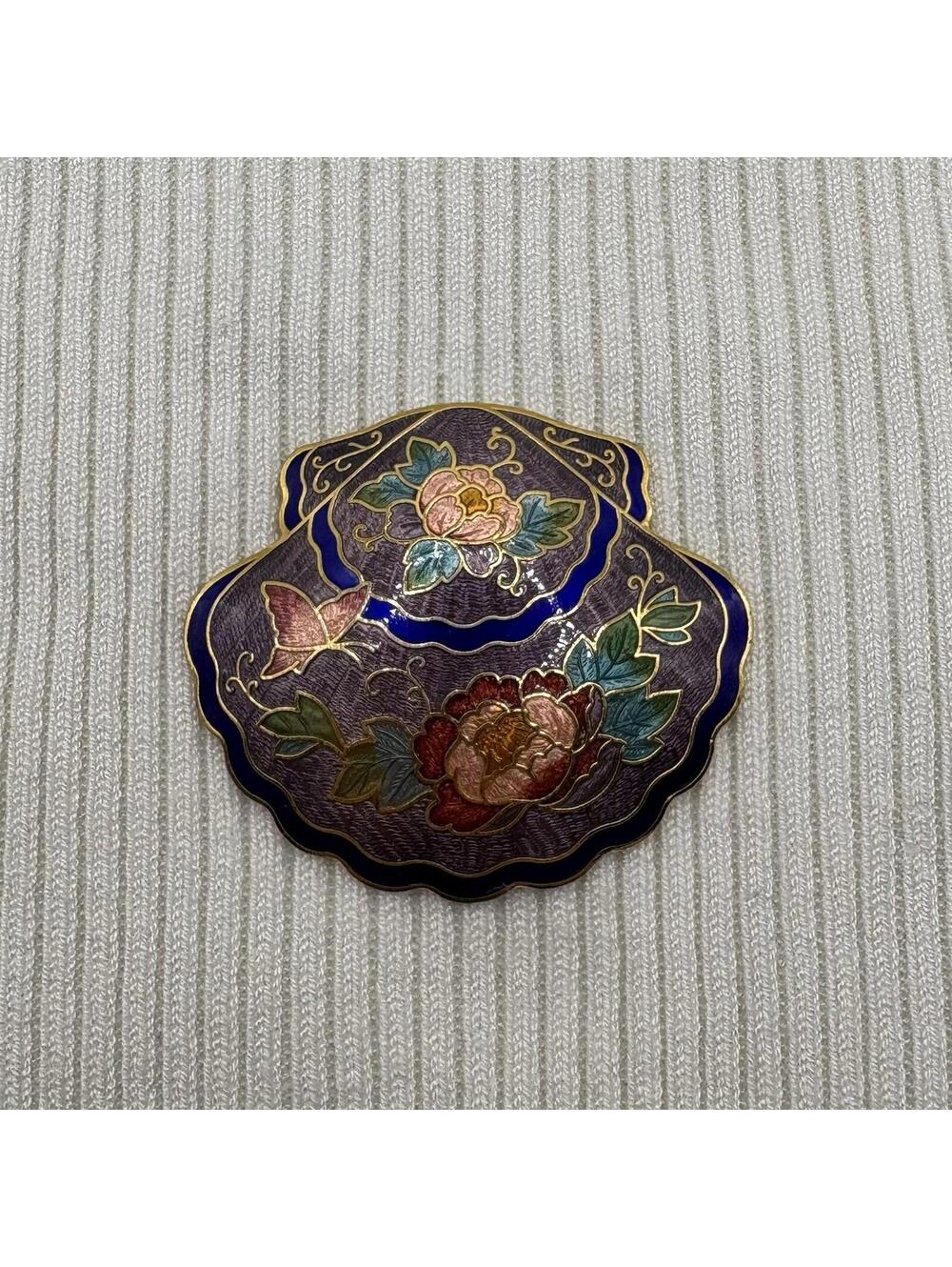 Vintage Cloisonné Enamel Shell Floral Butterfly Belt Buckle Gold Tone